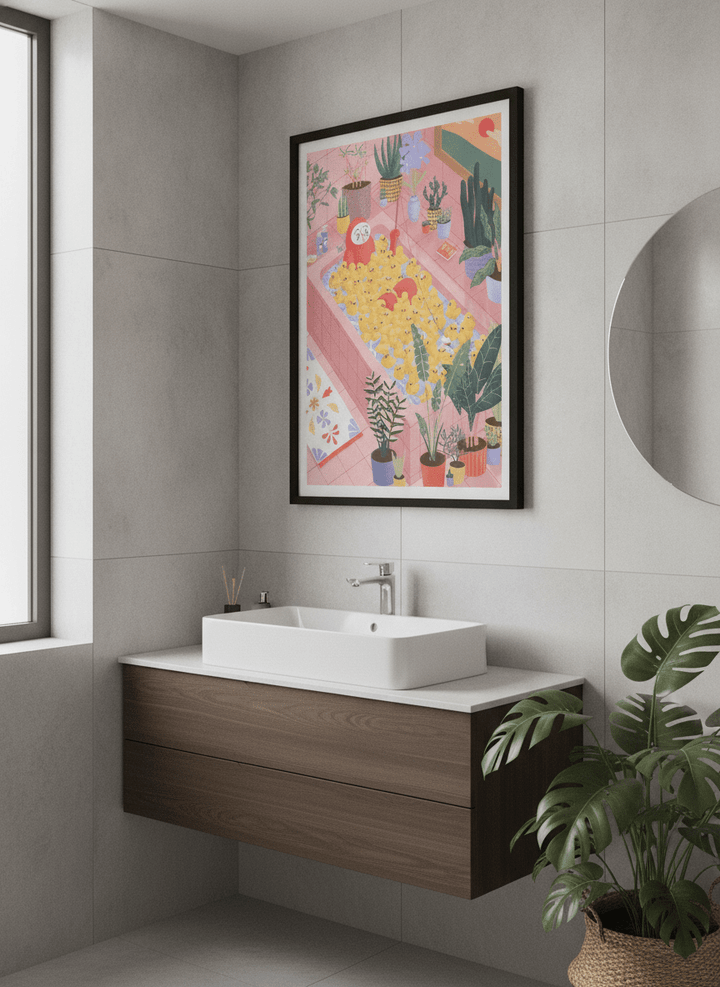 Modern print displayed in a clean minimalist bathroom setting