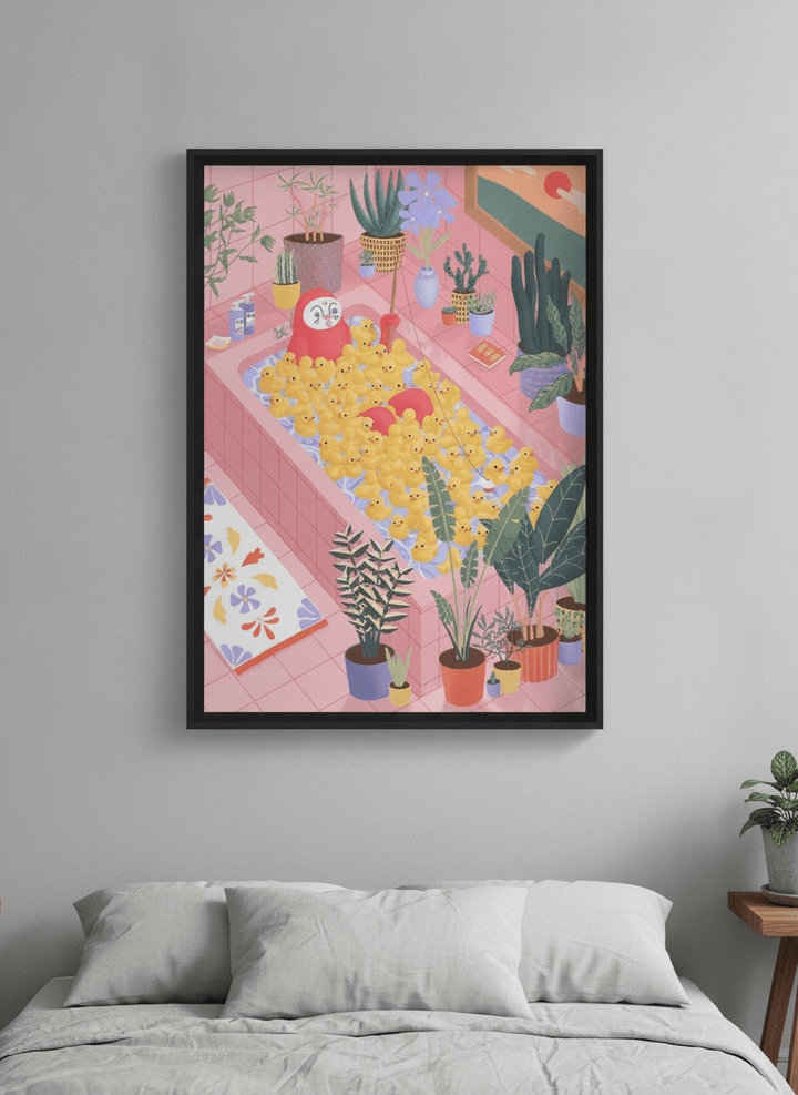 Minimalist artwork displayed in a calm, light-filled bedroom interior