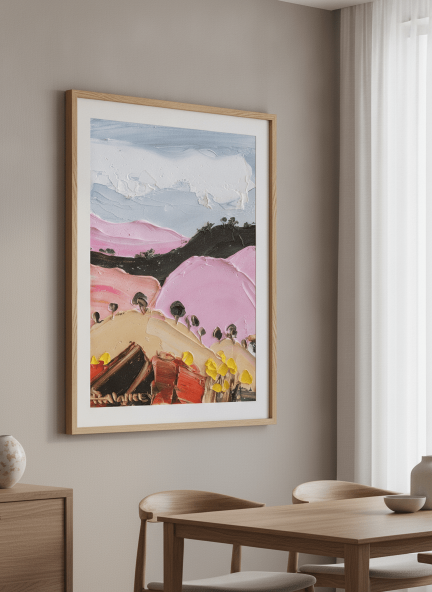 Wall art styled above a dining table in a contemporary home