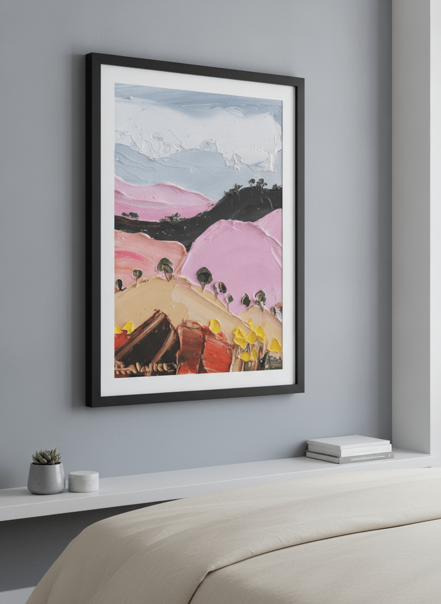 Minimalist artwork displayed in a calm, light-filled bedroom interior