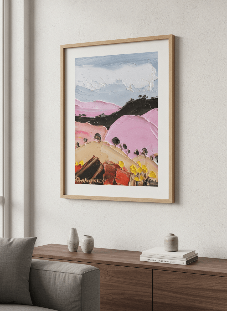 Modern wall art styled above a sofa in a neutral living room