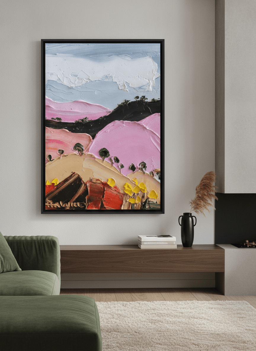 Monumental artwork centred on a feature wall in a luxe interior
