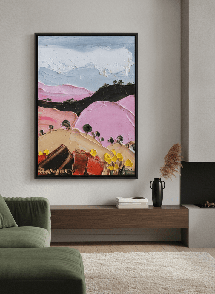 Monumental artwork centred on a feature wall in a luxe interior