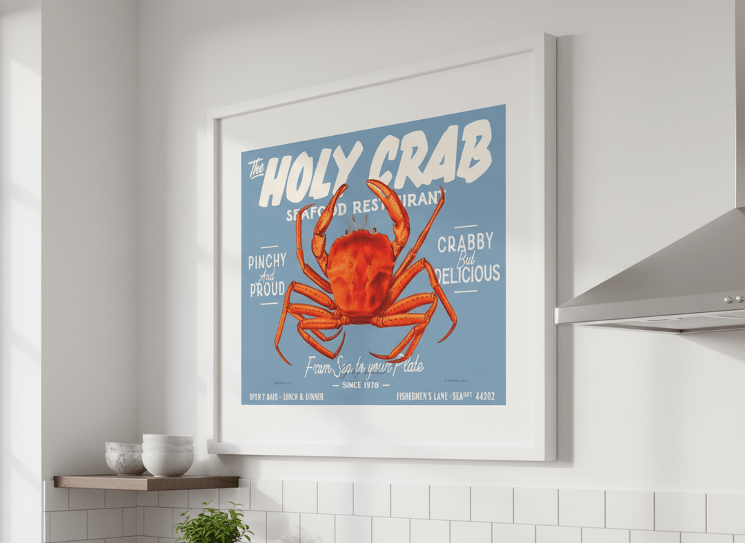 Artwork styled on the wall of a bright modern kitchen