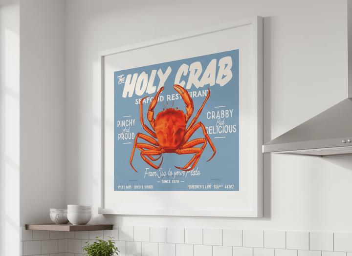 Artwork styled on the wall of a bright modern kitchen