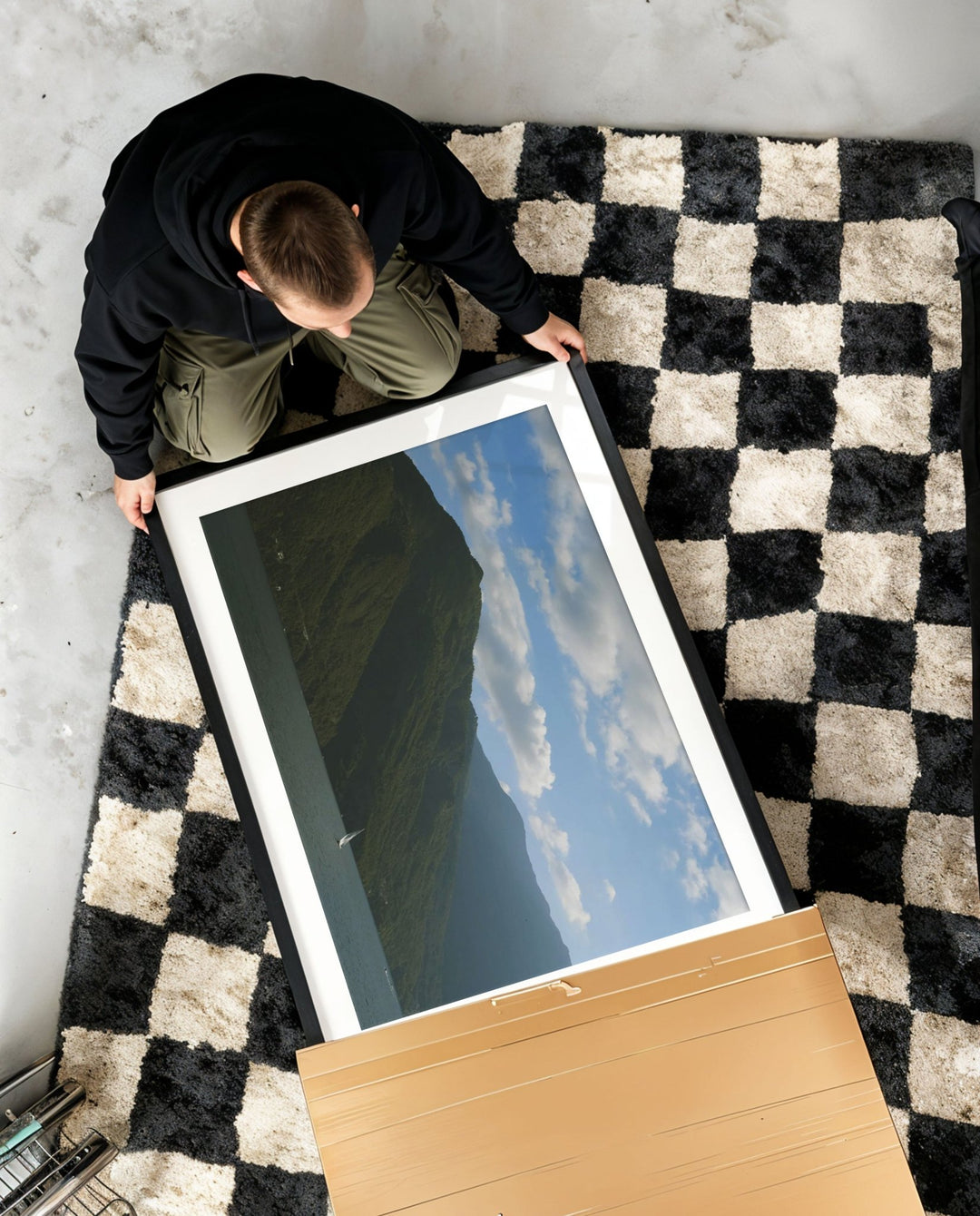 unboxing of photo on checkered rug