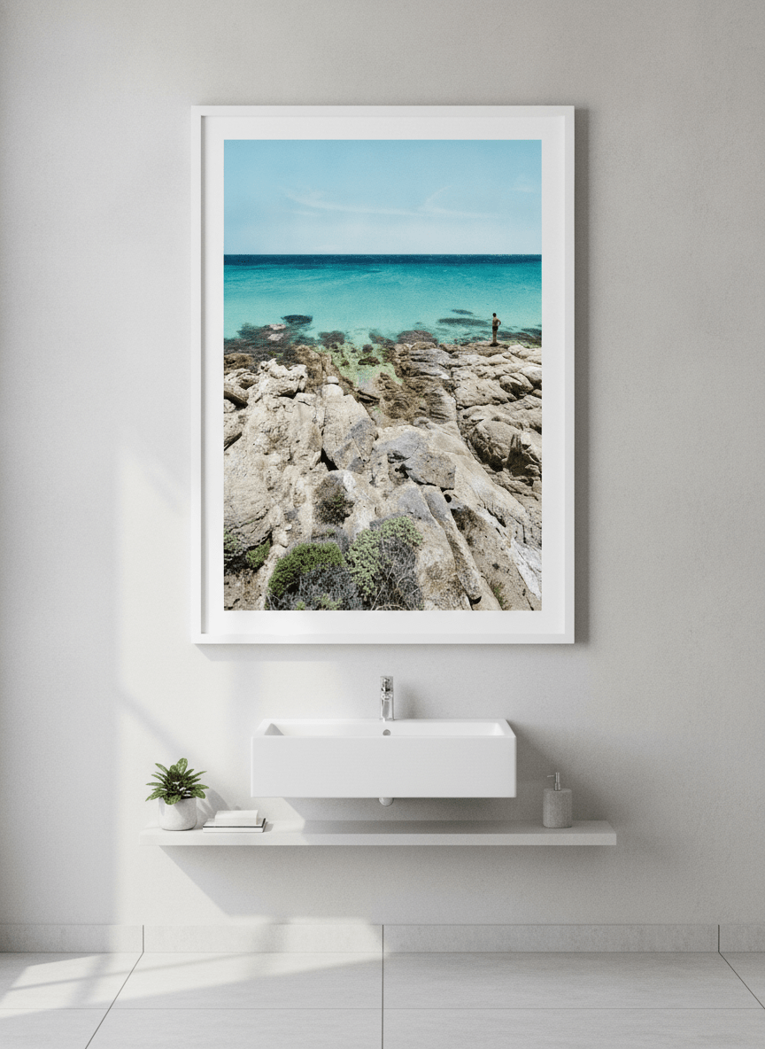 Modern print displayed in a clean minimalist bathroom setting