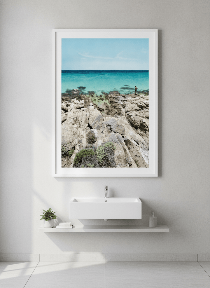 Modern print displayed in a clean minimalist bathroom setting