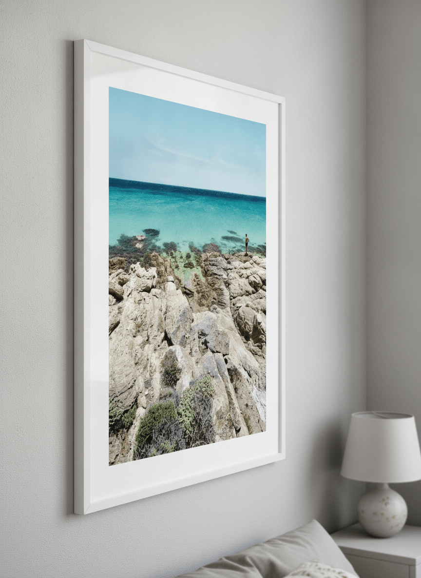 Minimalist artwork displayed in a calm, light-filled bedroom interior