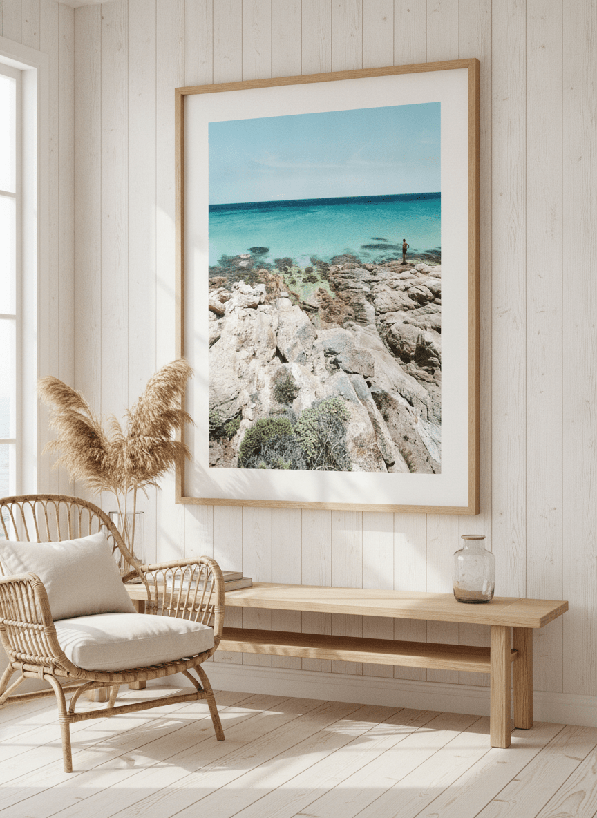 Neutral wall art displayed in a sunny coastal beach house