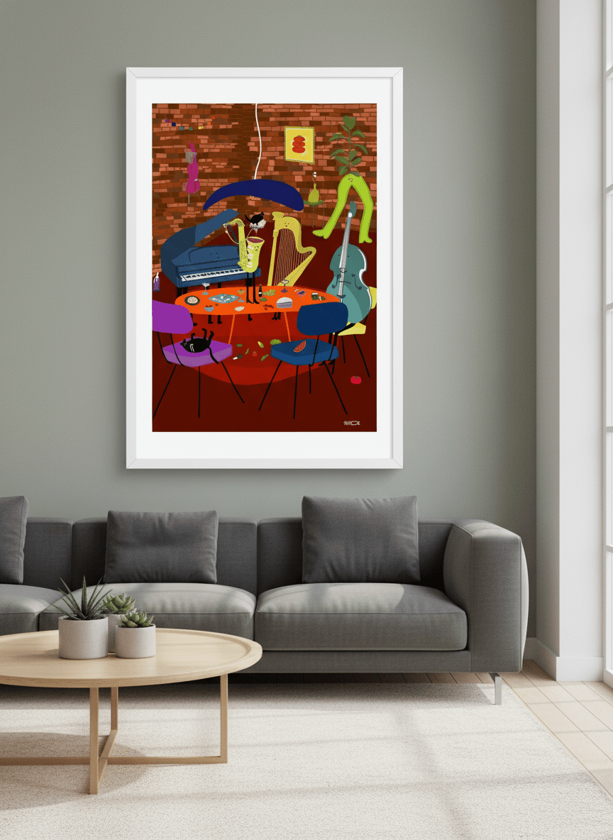 Modern wall art styled above a sofa in a neutral living room
