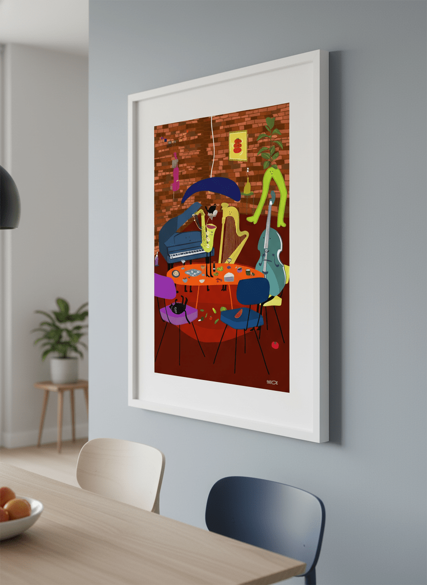 Wall art styled above a dining table in a contemporary home