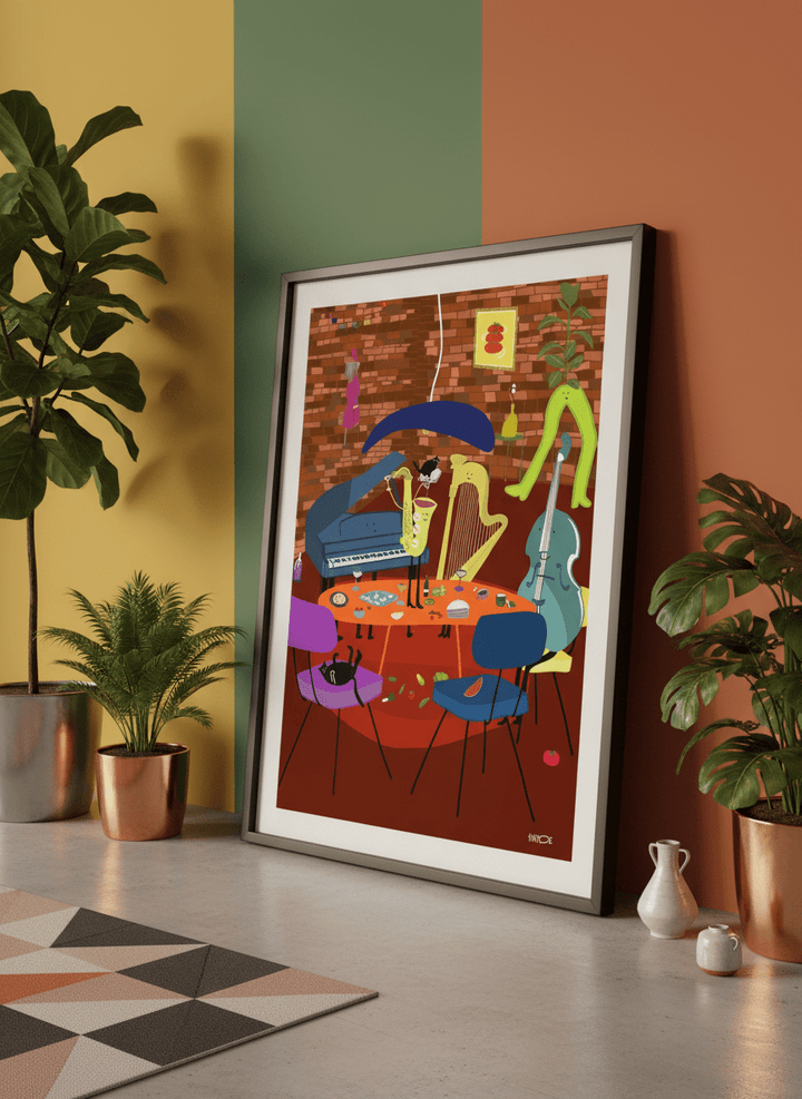 Bold wall art styled in a colourful, eclectic modern home