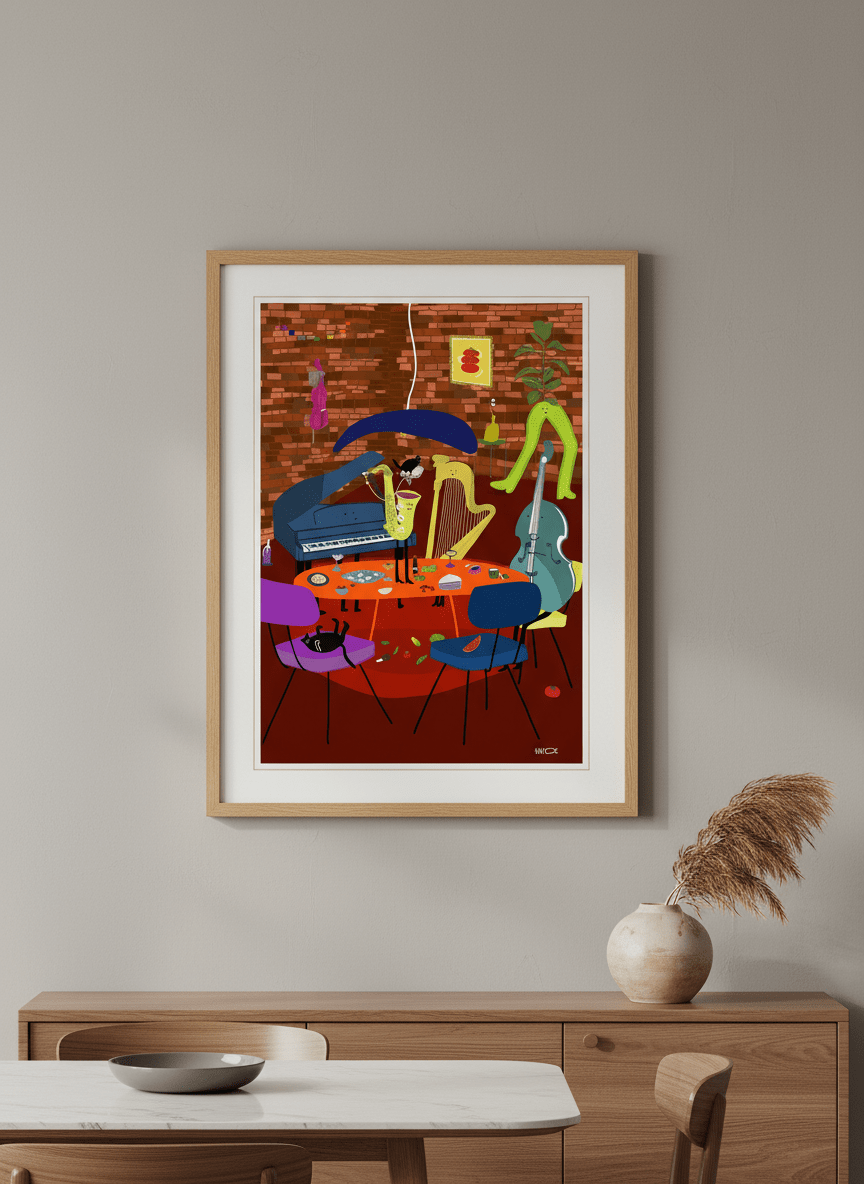Wall art styled above a dining table in a contemporary home