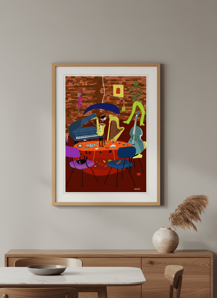 Wall art styled above a dining table in a contemporary home