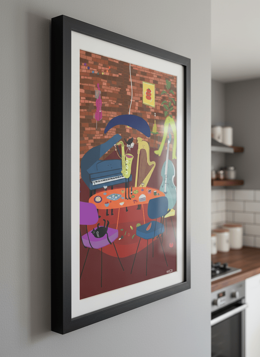 Artwork styled on the wall of a bright modern kitchen