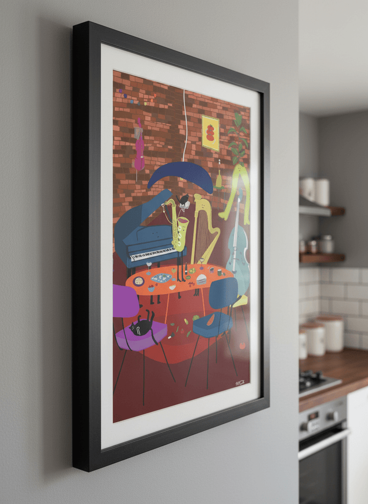 Artwork styled on the wall of a bright modern kitchen