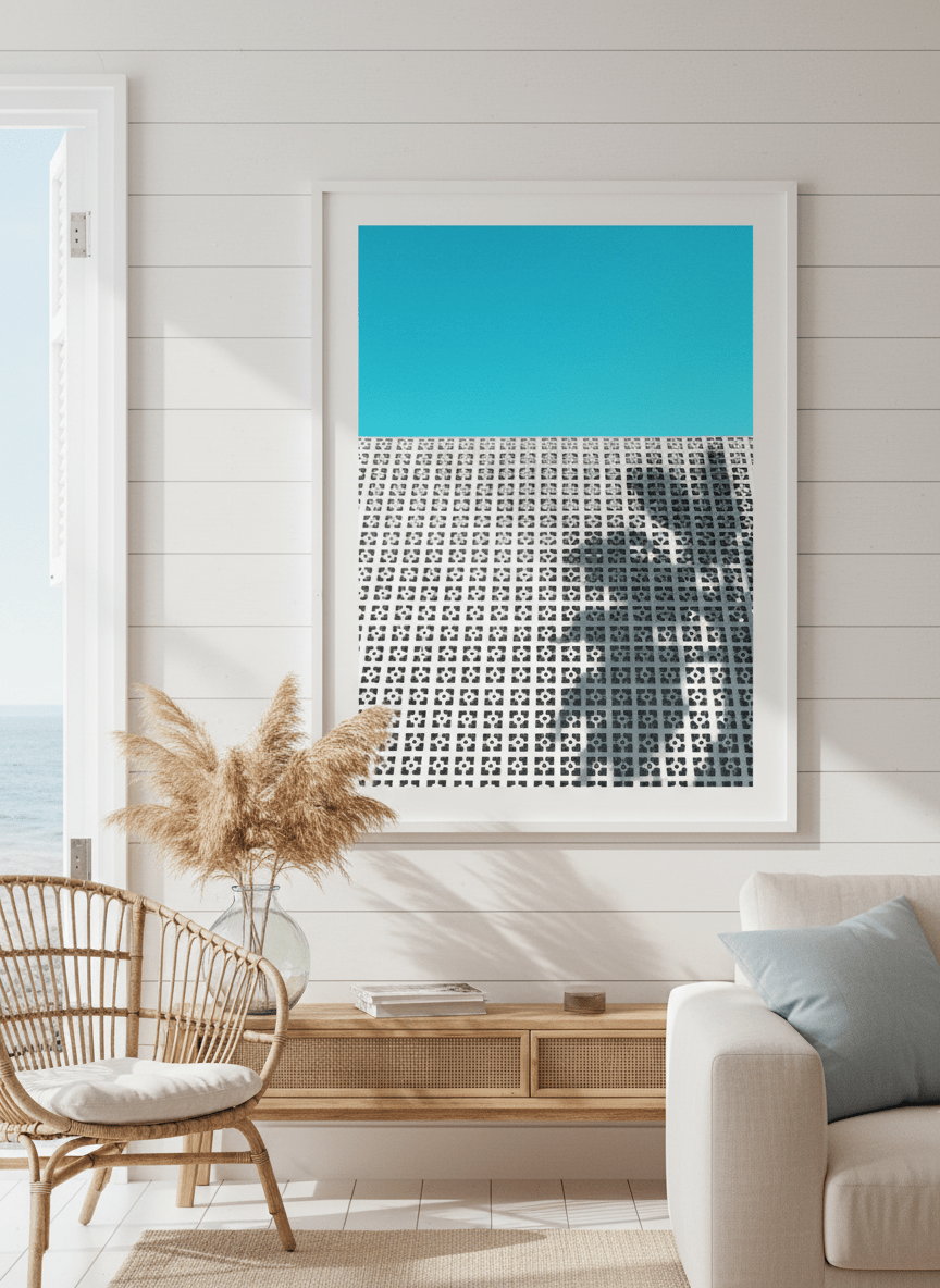 Neutral wall art displayed in a sunny coastal beach house