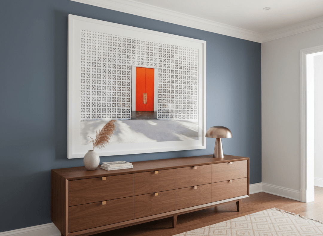 Monumental artwork centred on a feature wall in a luxe interior
