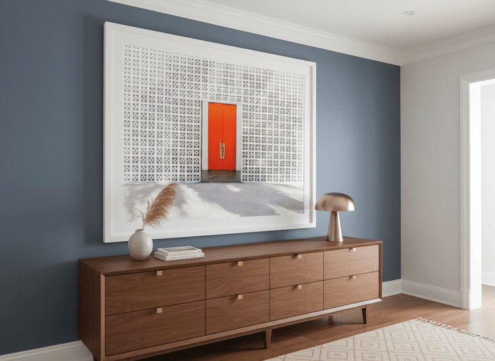 Monumental artwork centred on a feature wall in a luxe interior