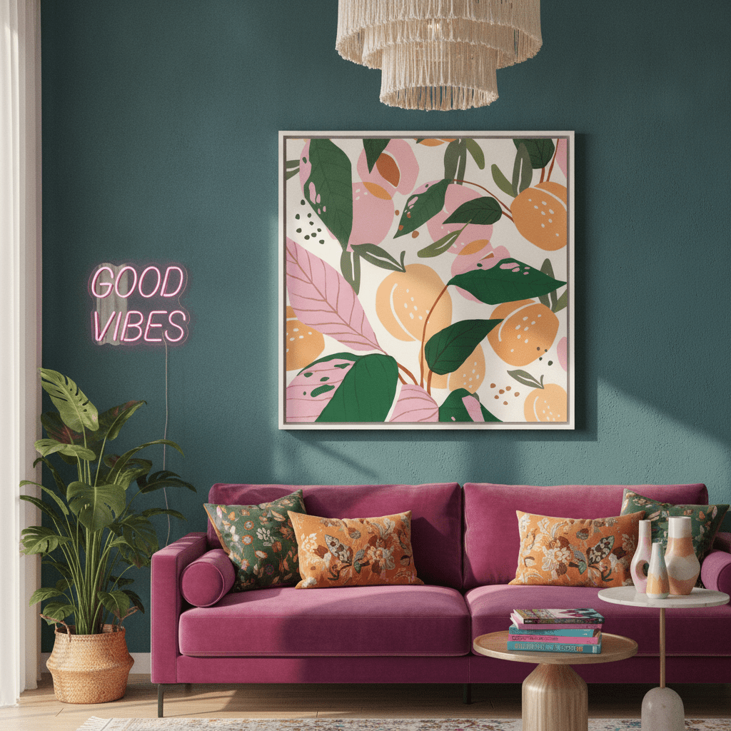 Oversized statement canvas wall art with a white surround styled in a colourful, eclectic modern home