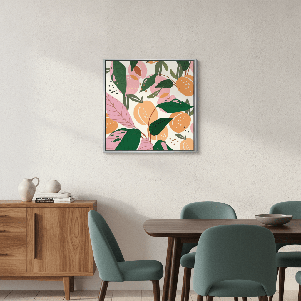 Canvas wall art with a silver leaf surround styled in a contemporary dining room
