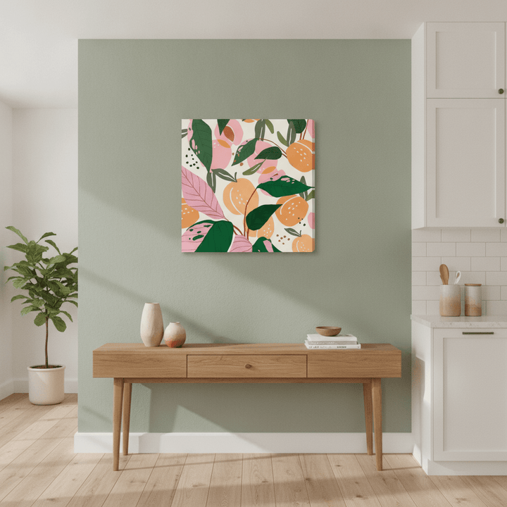 Stretched canvas wall art styled in a bright modern kitchen