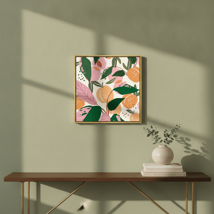 Canvas wall art with a gold leaf surround styled in a bright modern kitchen
