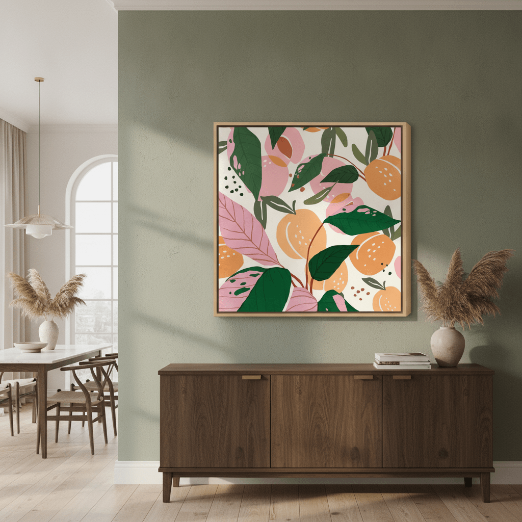 Oversized statement canvas wall art with a natural timber surround styled in a contemporary dining room