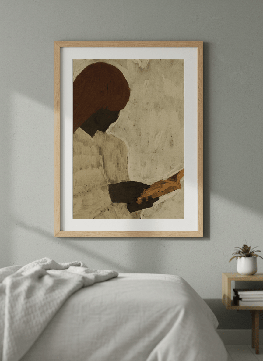 Minimalist artwork displayed in a calm, light-filled bedroom interior