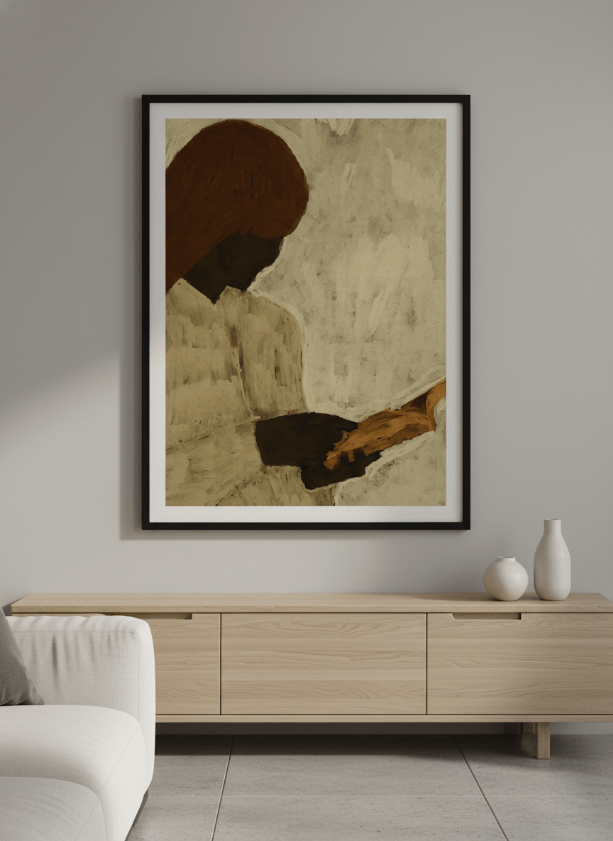 Modern wall art styled above a sofa in a neutral living room