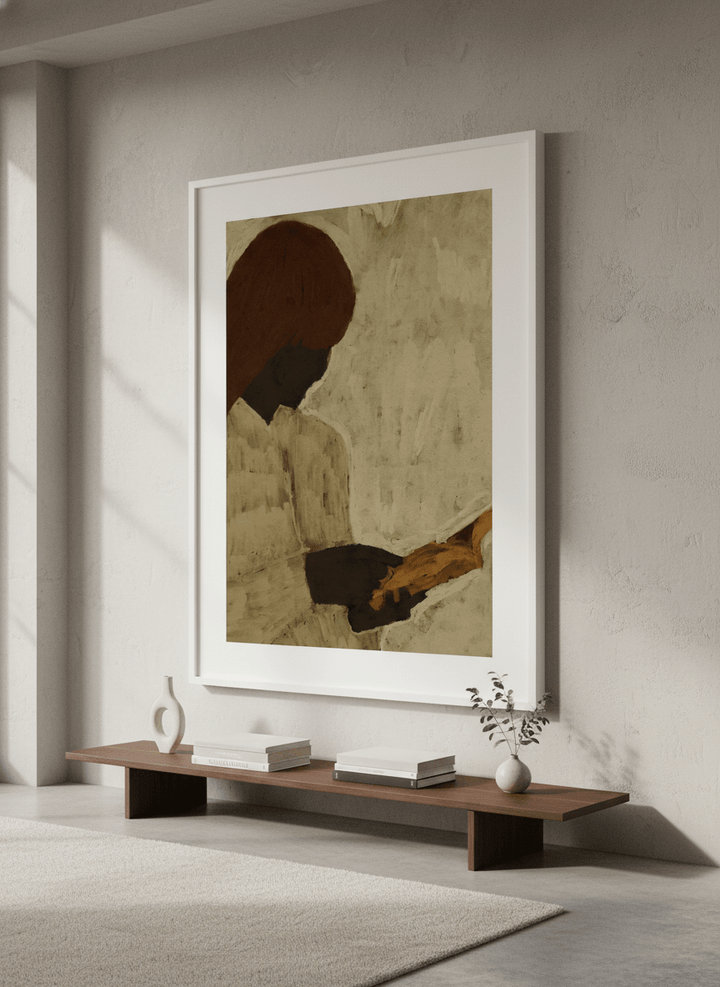 Monumental artwork centred on a feature wall in a luxe interior