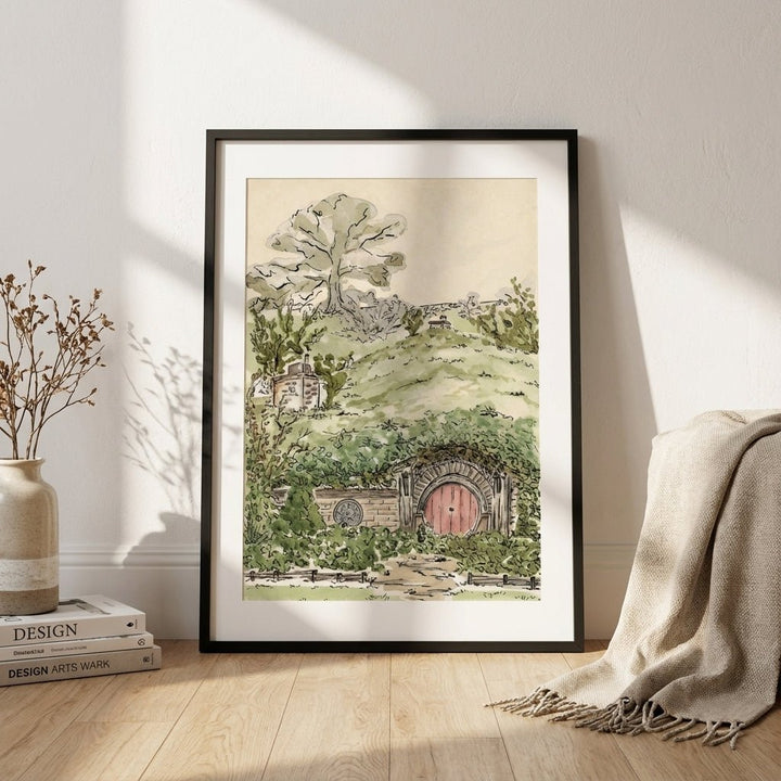 artwork of a hobbit house in a garden on a wall in a room with a vase and books.