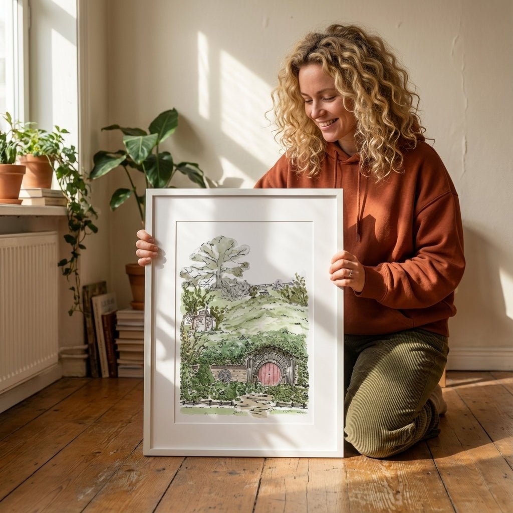 Woman holding artwork of a hobbit house in a sunlit room with plants.