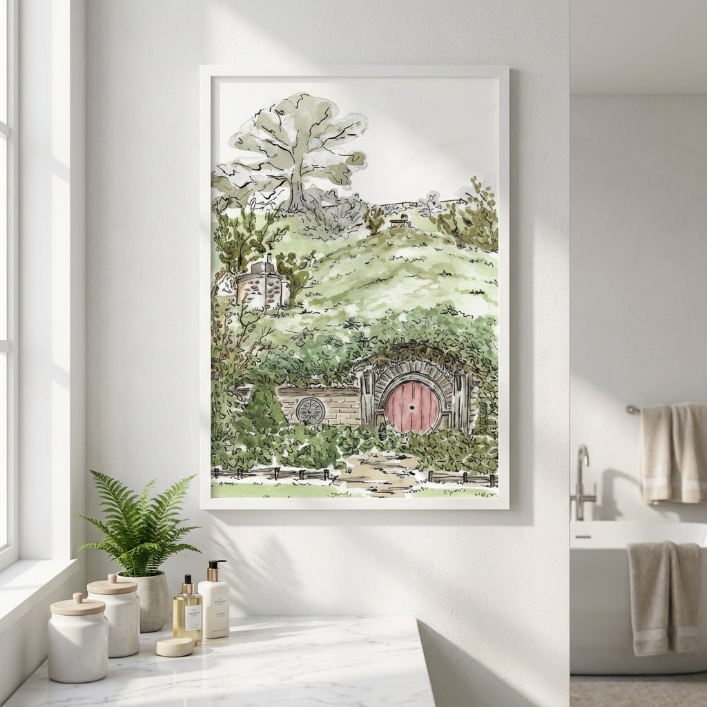 artwork of a hobbit hole in a forest displayed in a modern room.