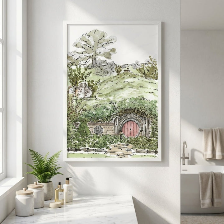 artwork of a hobbit hole in a forest displayed in a modern room.