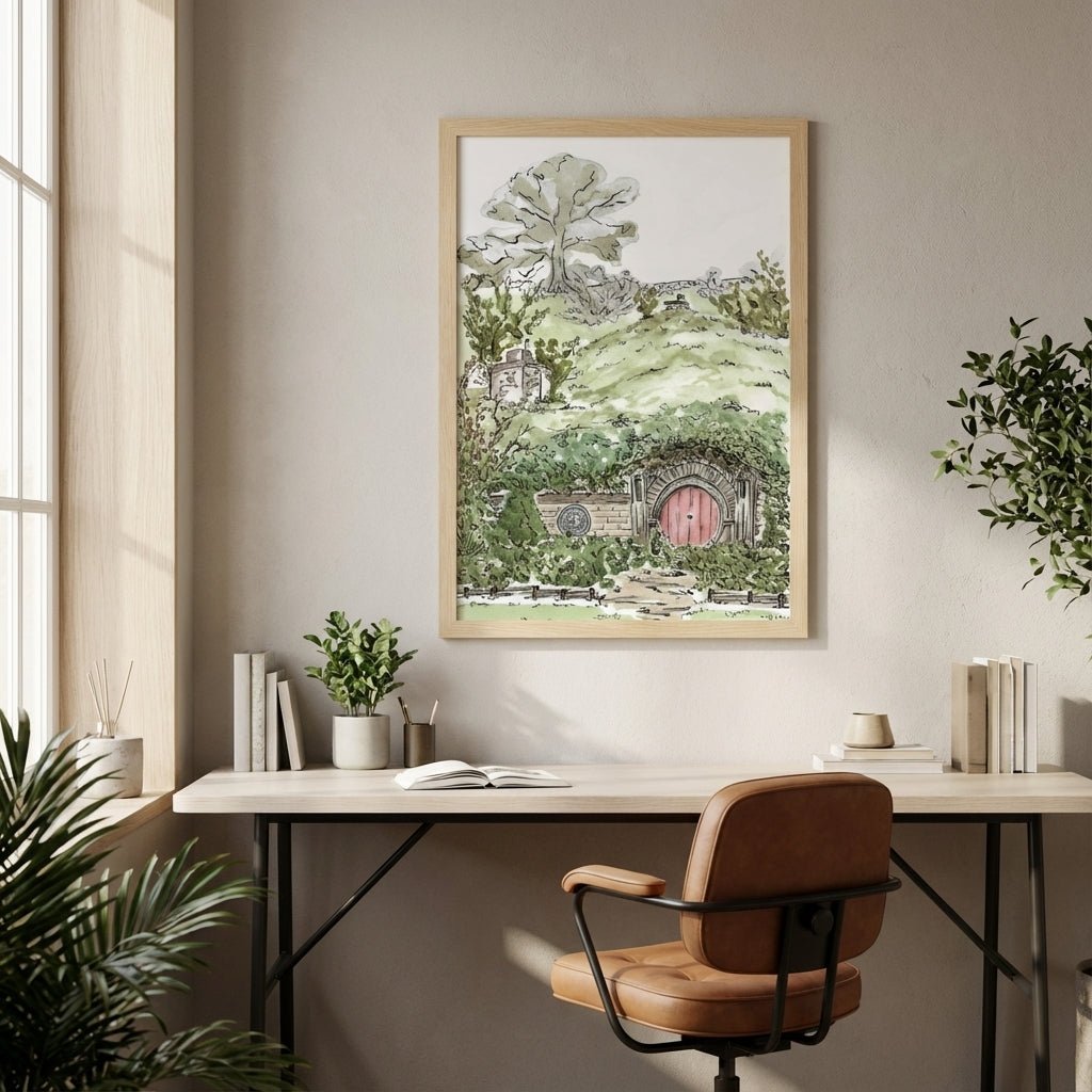 Home office with a desk, chair, and artwork of a hobbit hole.