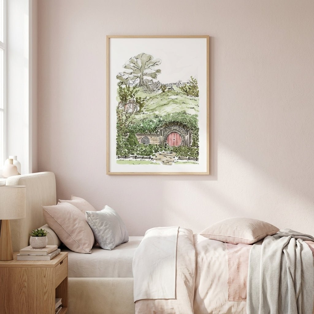 artwork of a garden scene above a bed in a bedroom.