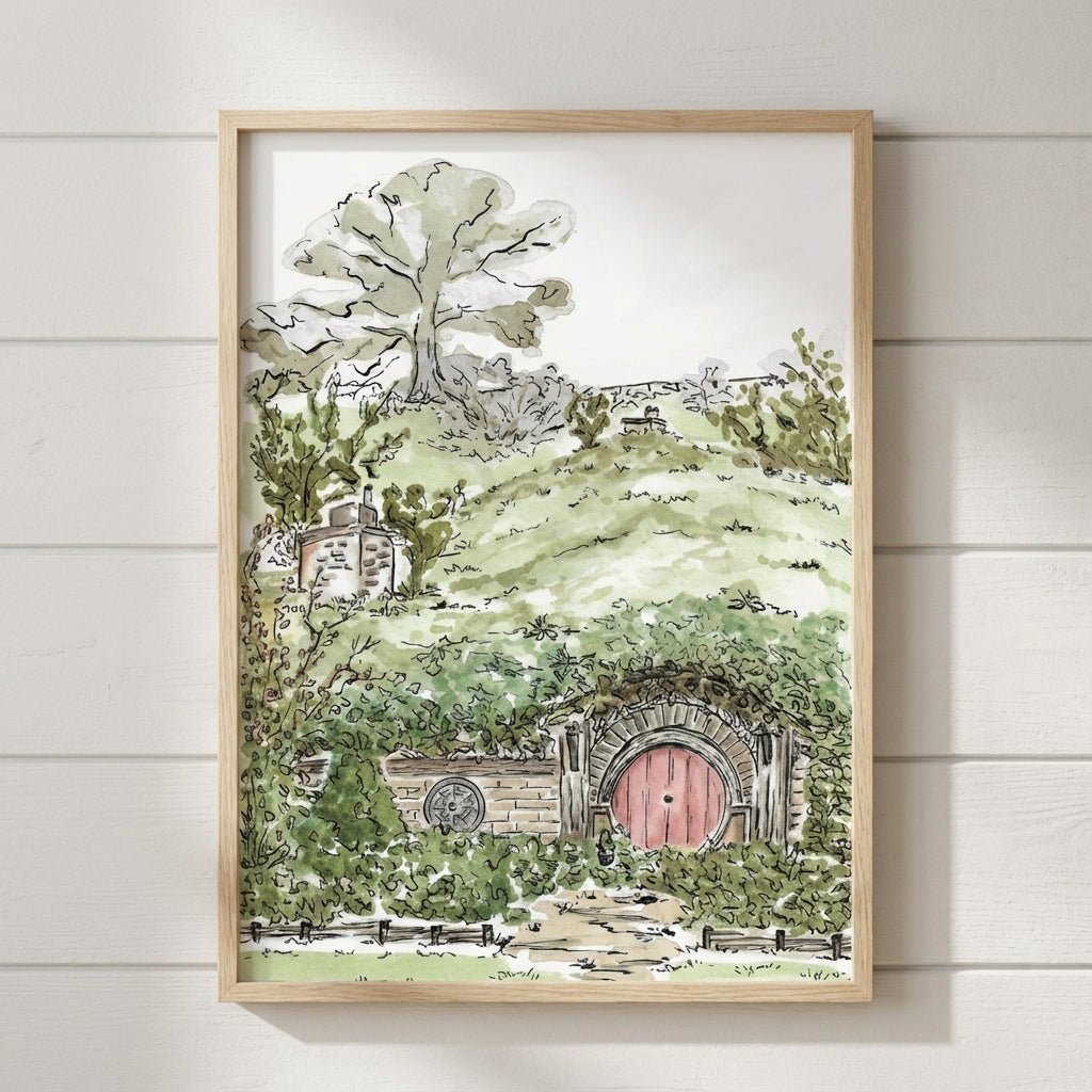 artwork of a hobbit hole and tree on a white wall