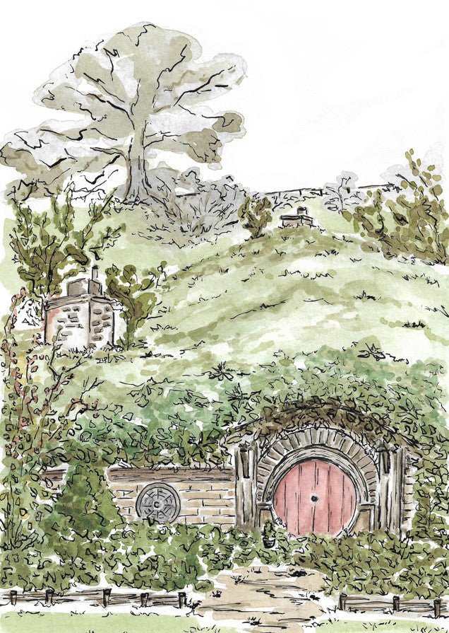 Illustration of a hobbit hole with a red door in a green landscape framed