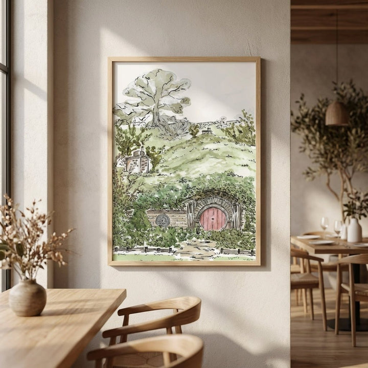 artwork of a hobbit hole scene in a home interior.