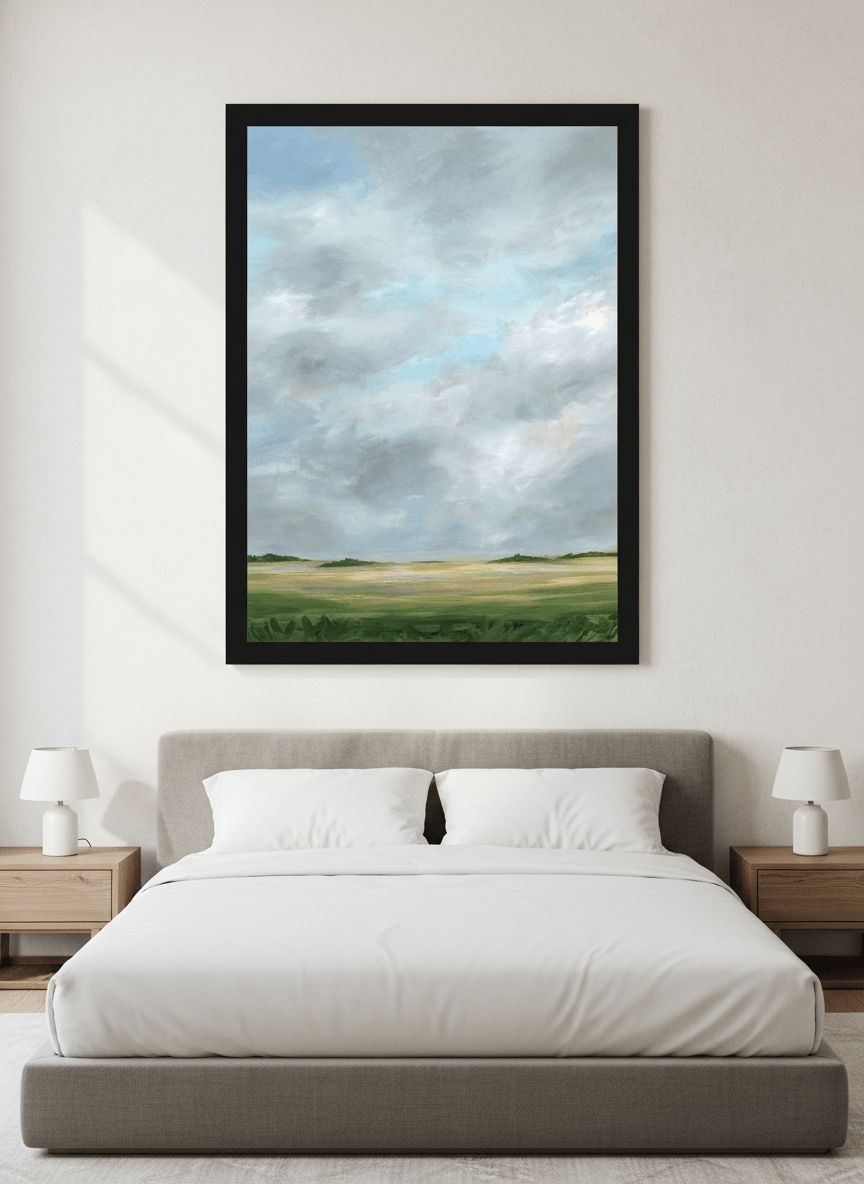 Minimalist artwork displayed in a calm, light-filled bedroom interior