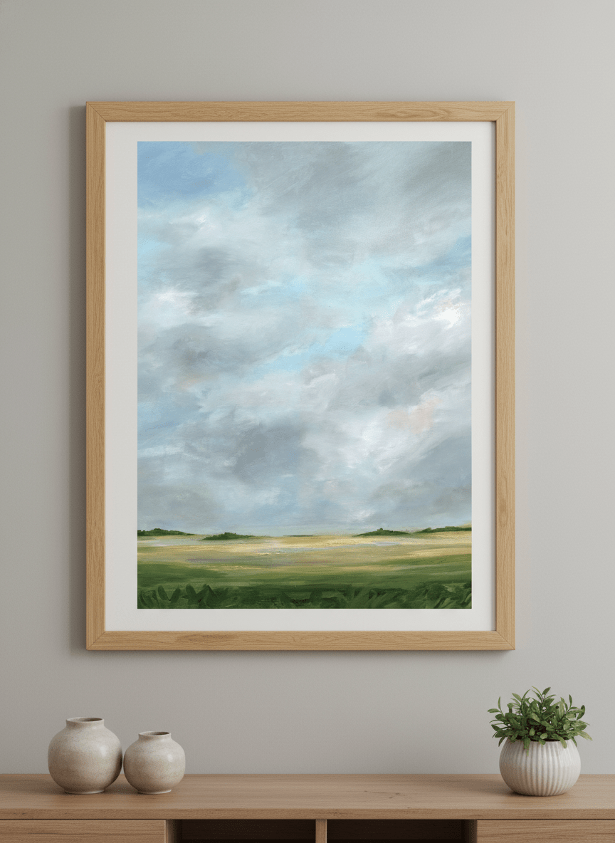 Modern wall art styled above a sofa in a neutral living room