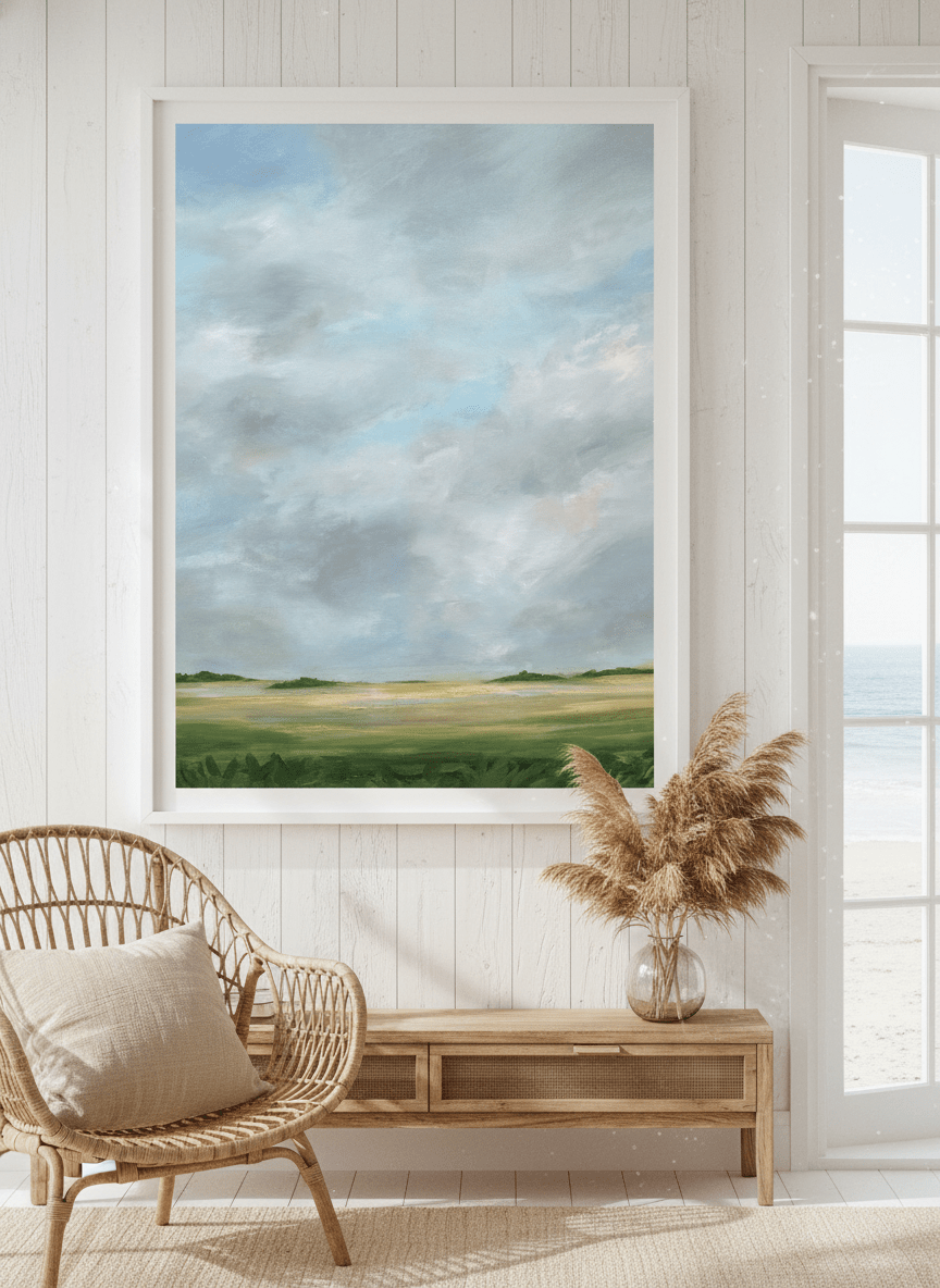 Neutral wall art displayed in a sunny coastal beach house