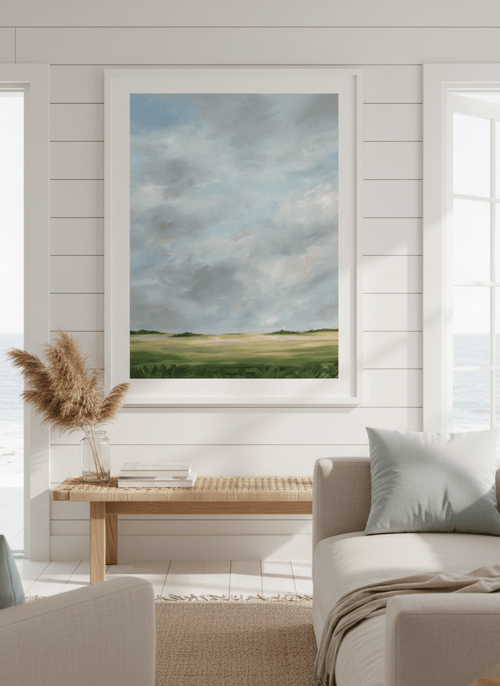 Neutral wall art displayed in a sunny coastal beach house