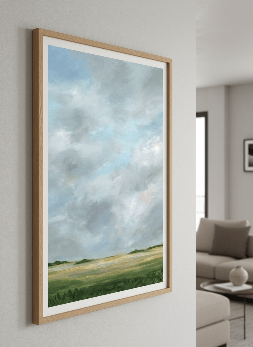 Modern wall art styled above a sofa in a neutral living room