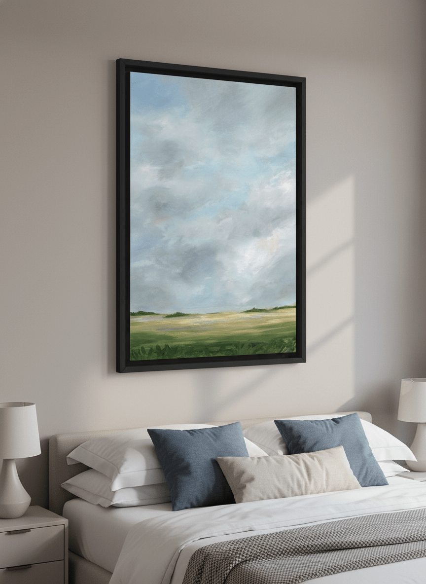 Minimalist artwork displayed in a calm, light-filled bedroom interior