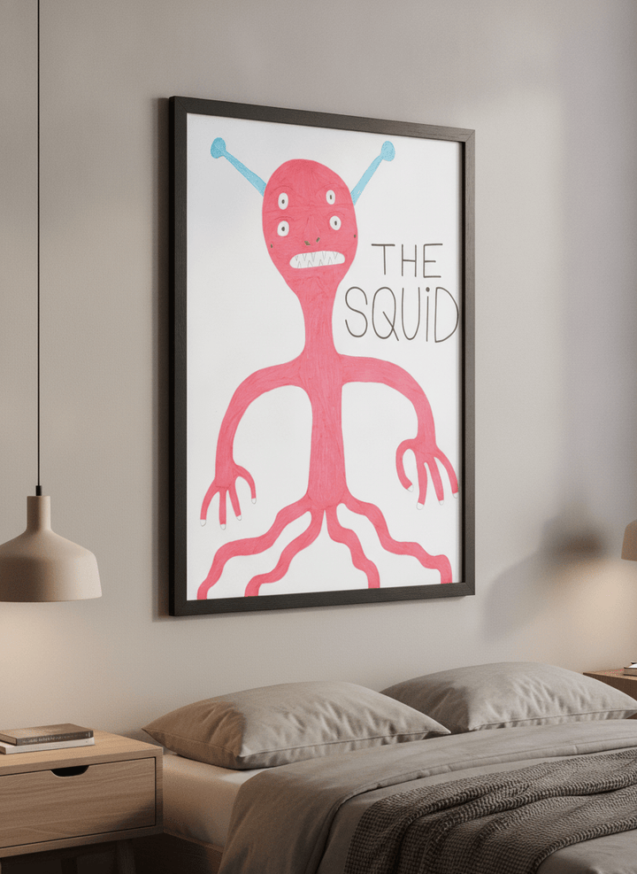 Minimalist artwork displayed in a calm, light-filled bedroom interior