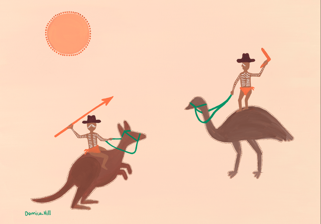 The Sundown Standoff Landscape Indigenous Artwork by Domica Hill,frame