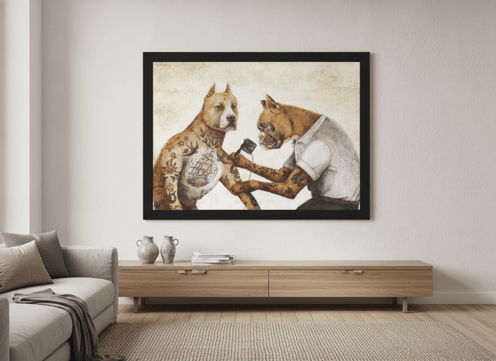 Modern wall art styled above a sofa in a neutral living room